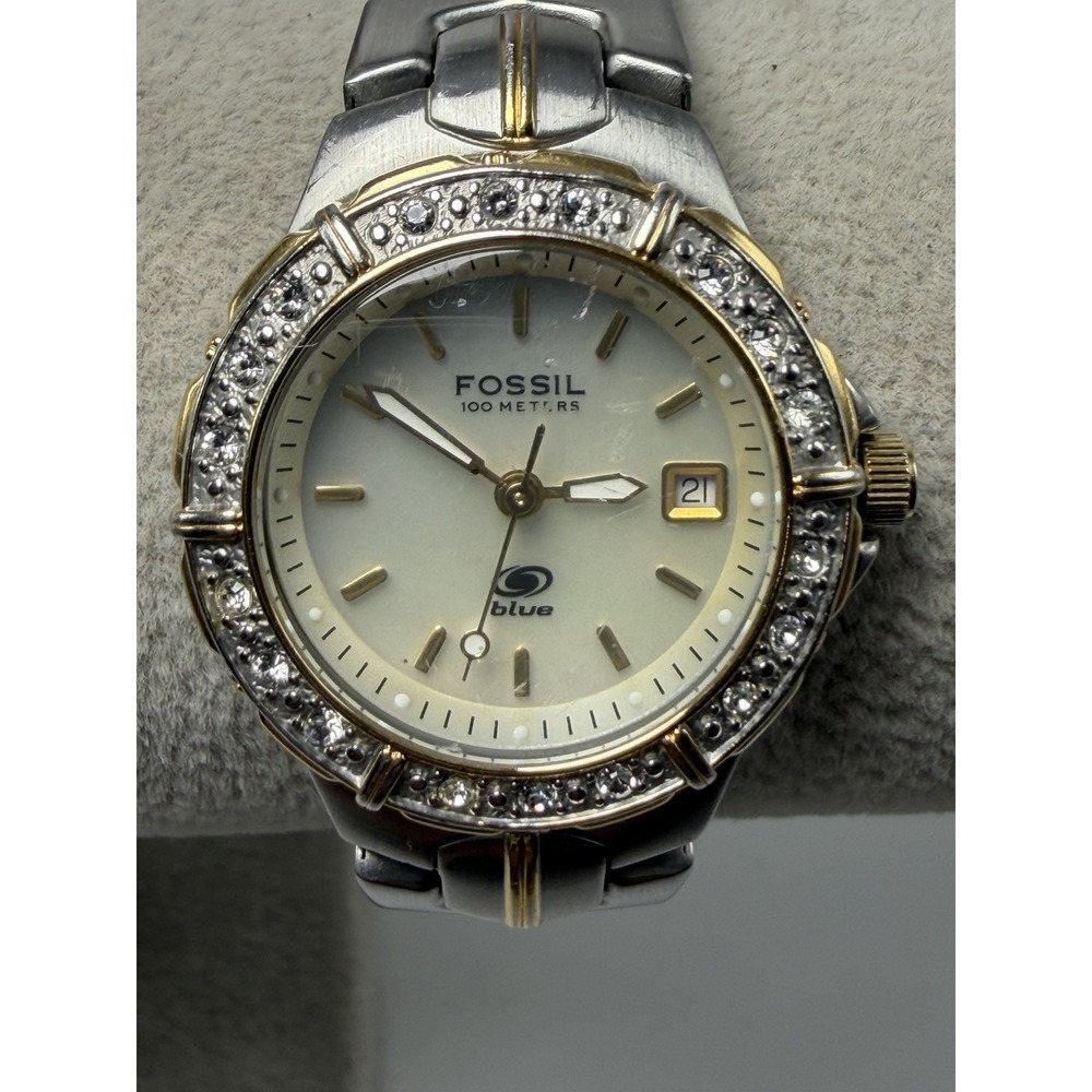 Fossil Blue AM-3757 New Battery Ladies MOP Watch 27MM 6.75" Silver Tone
